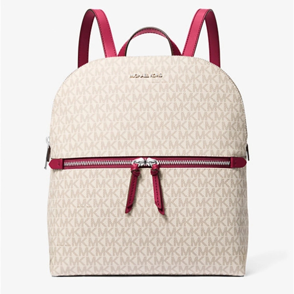 Michael Kors Signature Beige and Dark Raspberry Backpack